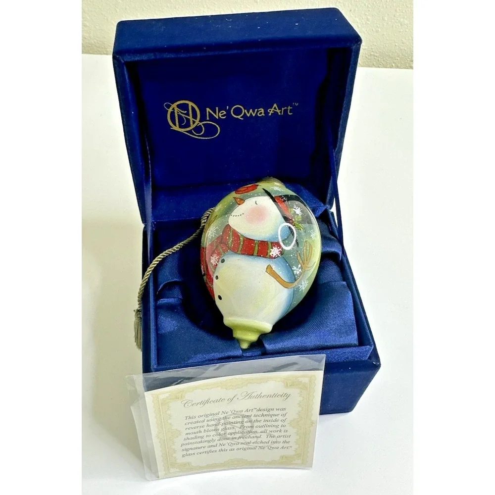 Ne'Qwa Art Hand painted Glass Christmas Ornament‎ Teardrop Snowman